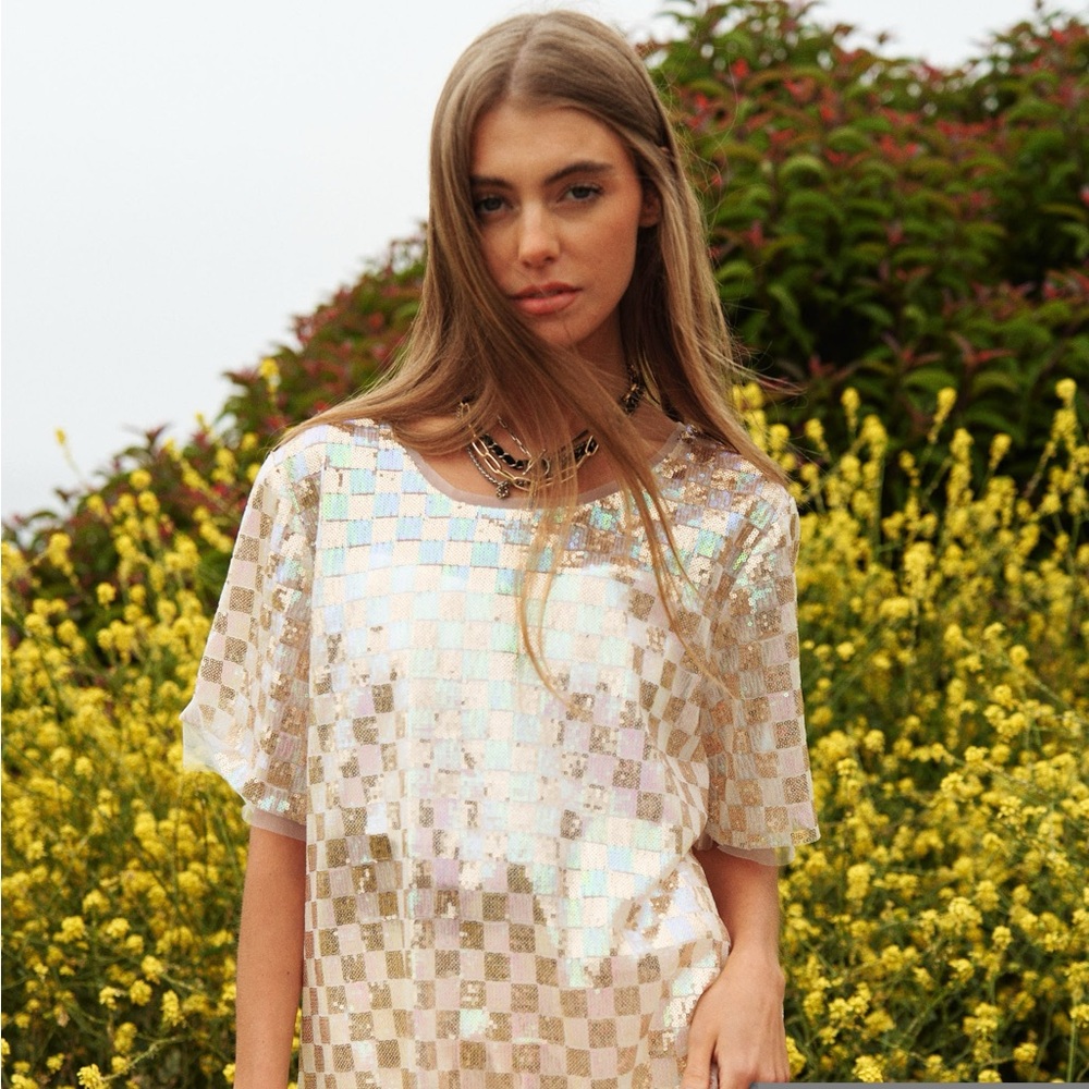 Iridescent Checkered Sequin Top